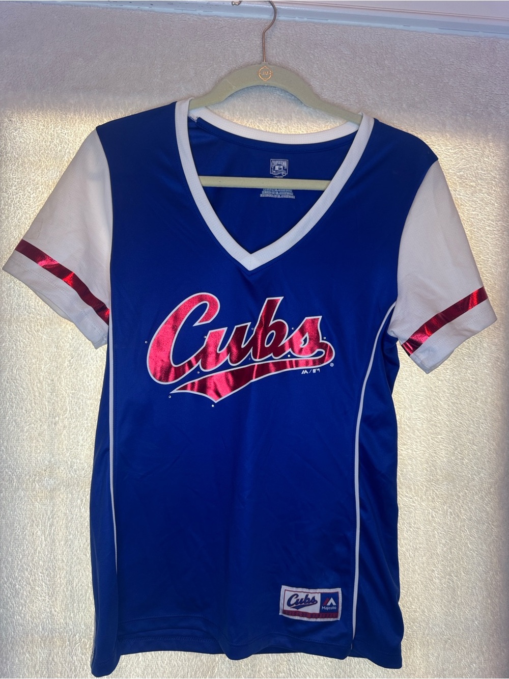 Majestic Cubs Girls' V-Neck Jersey in Royal Blue, White & Metallic Red